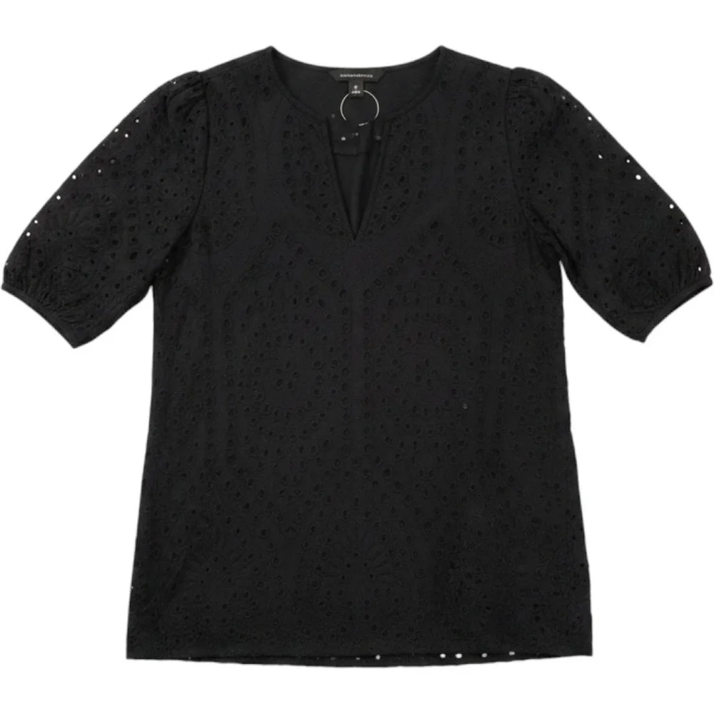 Banana Republic Women's Black Cotton Eyelet V-Neck Puff Sleeve Blouse Medium